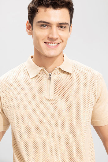 Mesh Knit Beige Polo T-Shirt