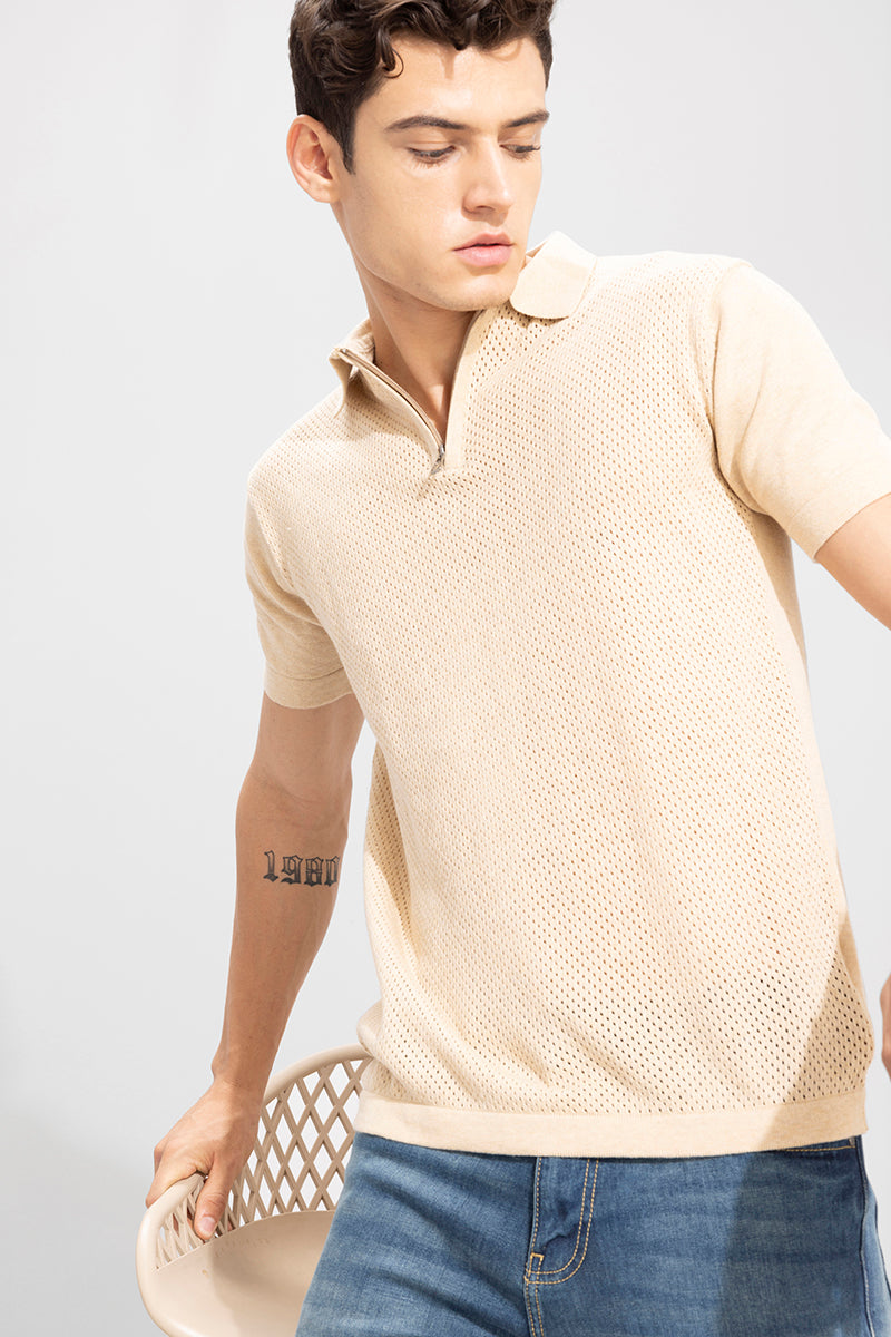 Mesh Knit Beige Polo T-Shirt