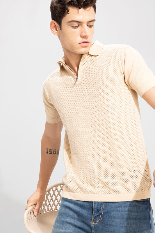 Mesh Knit Beige Polo T-Shirt