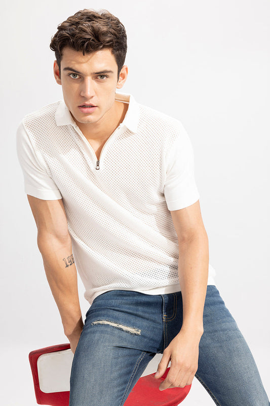 Mesh Knit White Polo T-Shirt