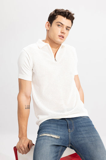 Mesh Knit White Polo T-Shirt