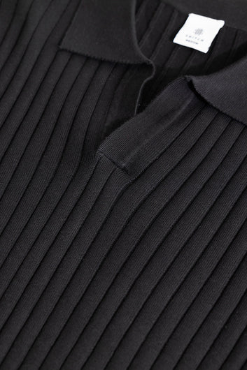 Chunky Ribbed Knitted Black Polo T-Shirt
