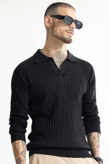 Chunky Ribbed Knitted Black Polo T-Shirt