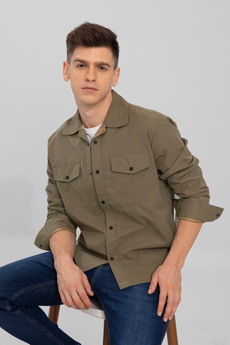 Suede Like Khaki Overshirt