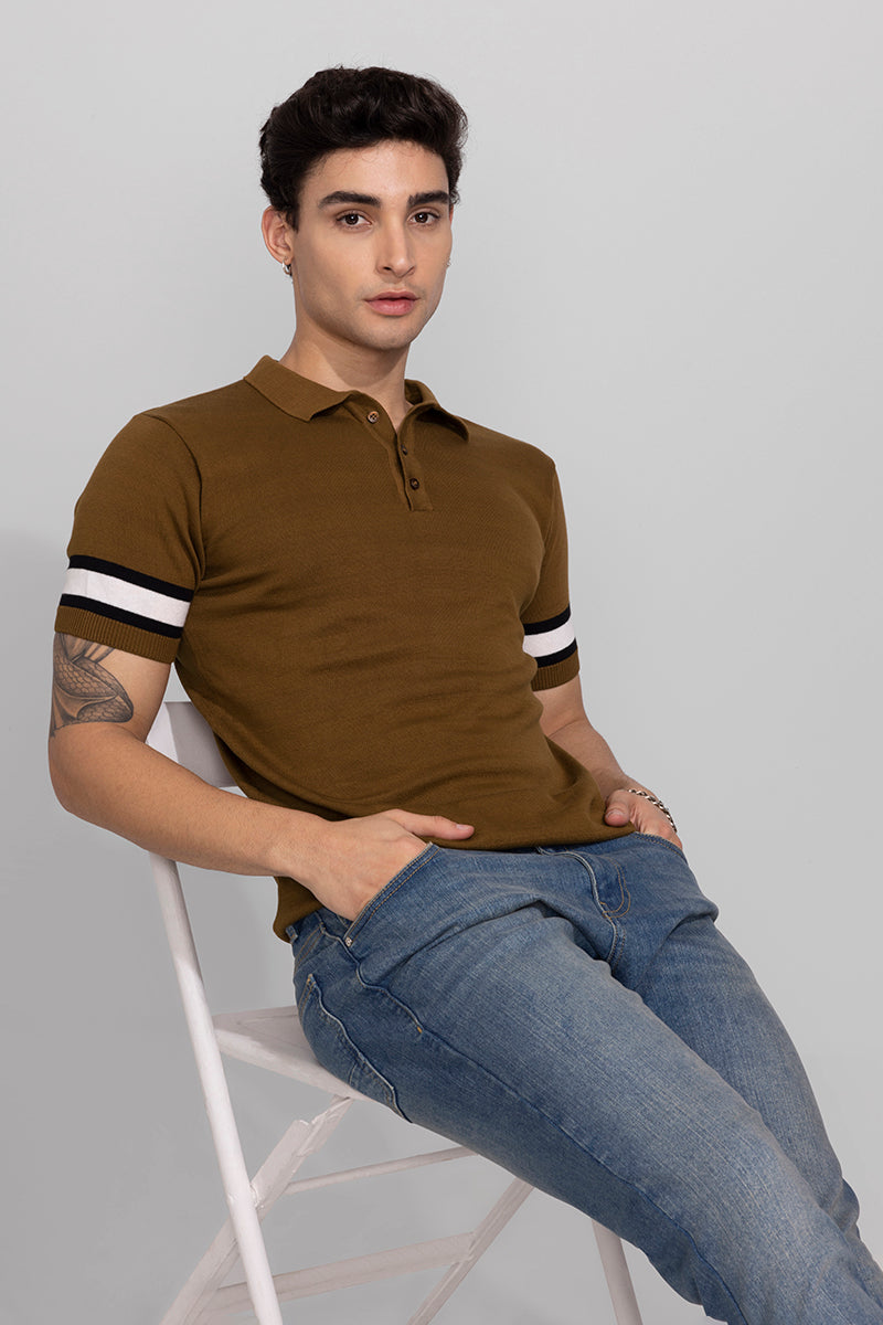 Striped Ribbed Brown Polo T-Shirt