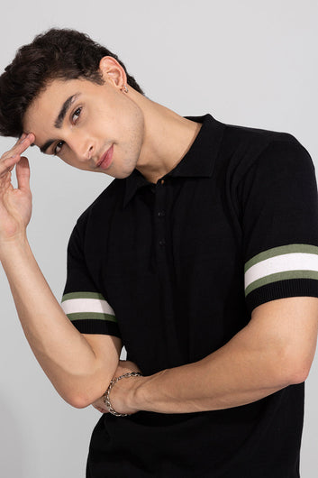 Striped Rib Black Polo T-Shirt