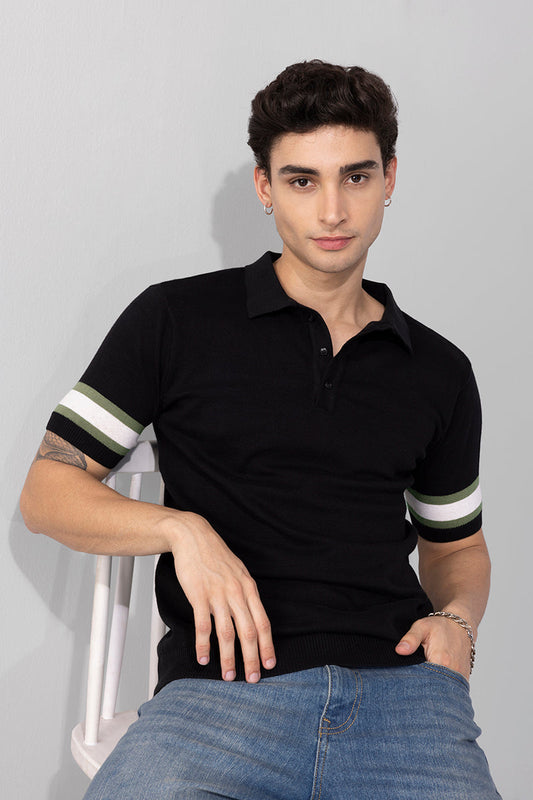 Striped Rib Black Polo T-Shirt