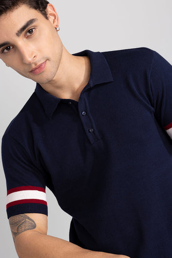 Striped Rib Navy Polo T-Shirt