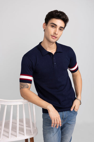 Striped Rib Navy Polo T-Shirt