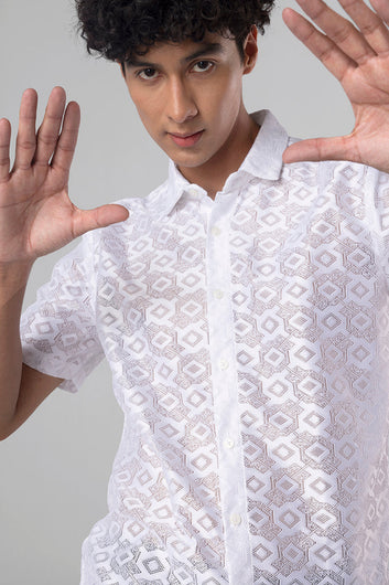 Hawaiian Hakoba Rhombus White Shirt