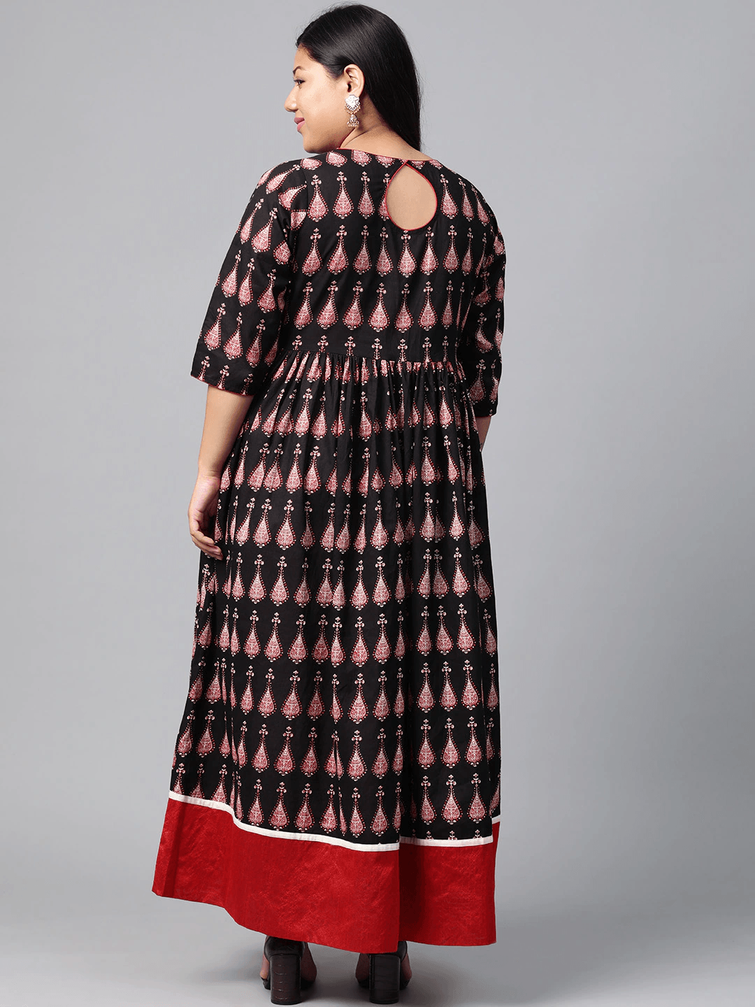 Plus Size Black Printed Cotton Floor Length Anarkali Kurta - divena world