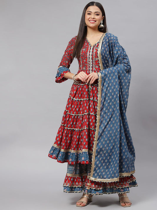 Divena Maroon & Blue Anarkali Kurta Sharara Set with Dupatta