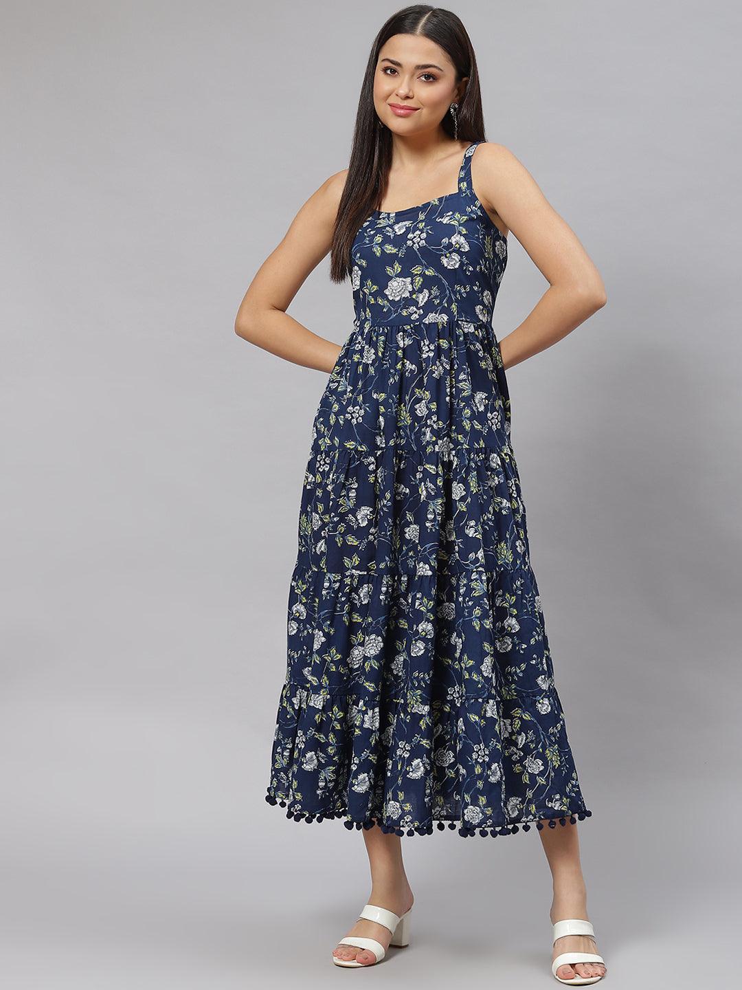 Divena Blue Floral Shoulder Strip Long Dress - divena world