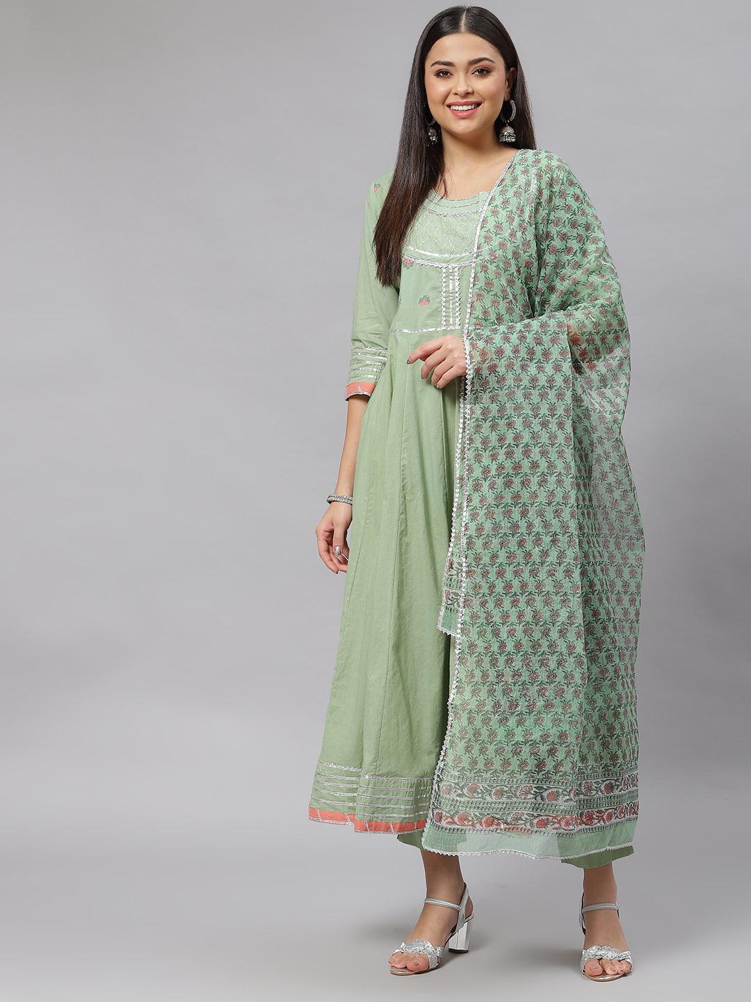 Divena Solid Green Anarkali Kurta Pant Set with Kota doria dupatta - divena world