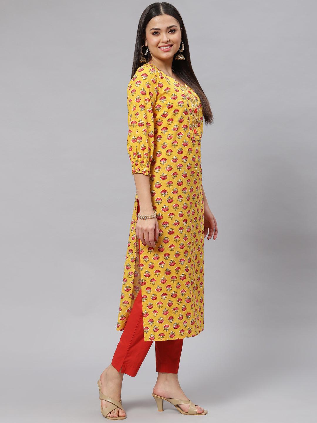 Divena Yellow Floral Cotton Kurta Pant Set with Dupatta - divena world