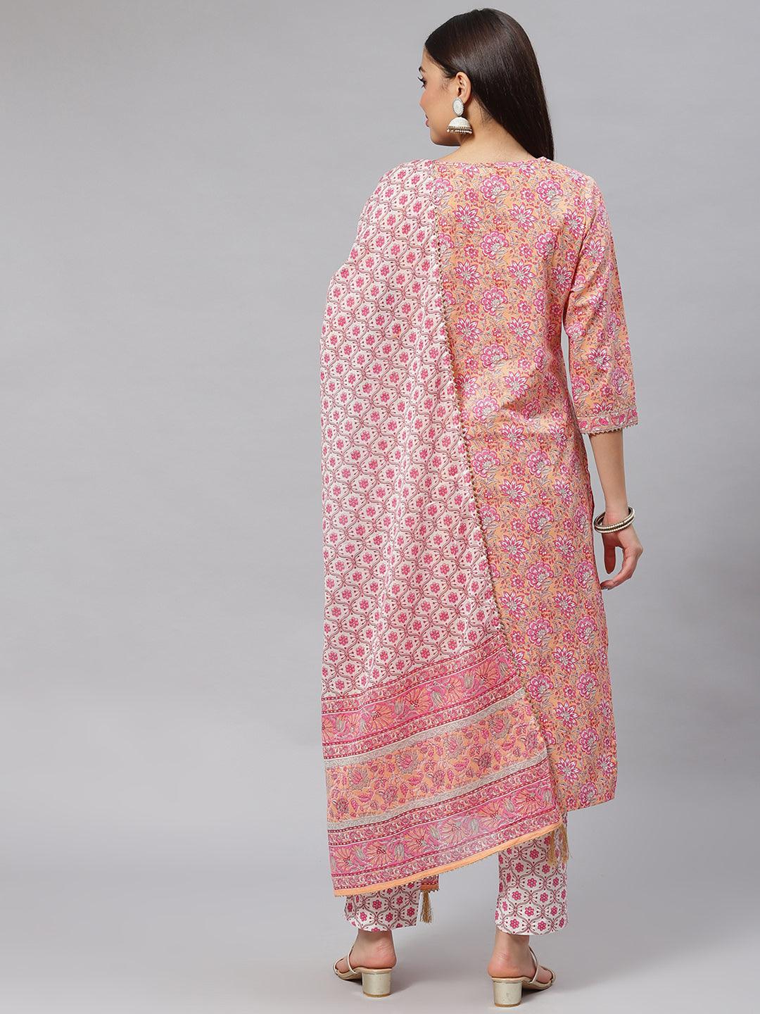 Divena Pink Cotton kurta Pant set with Dupatta - divena world