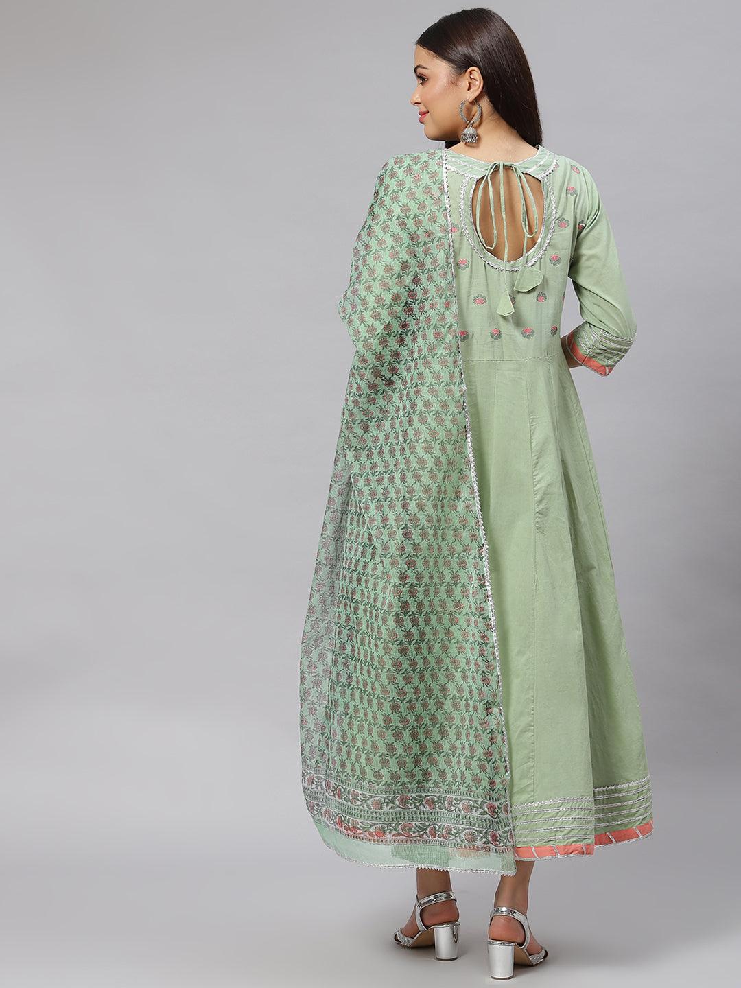 Divena Solid Green Anarkali Kurta Pant Set with Kota doria dupatta - divena world