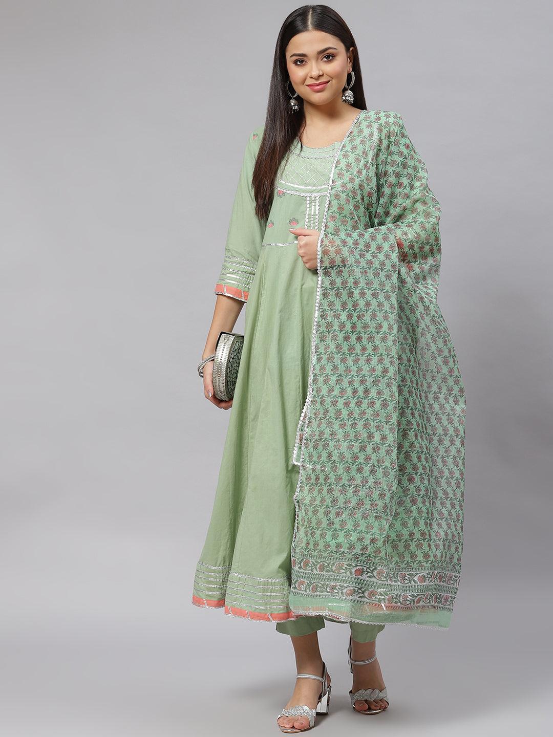 Divena Solid Green Anarkali Kurta Pant Set with Kota doria dupatta - divena world