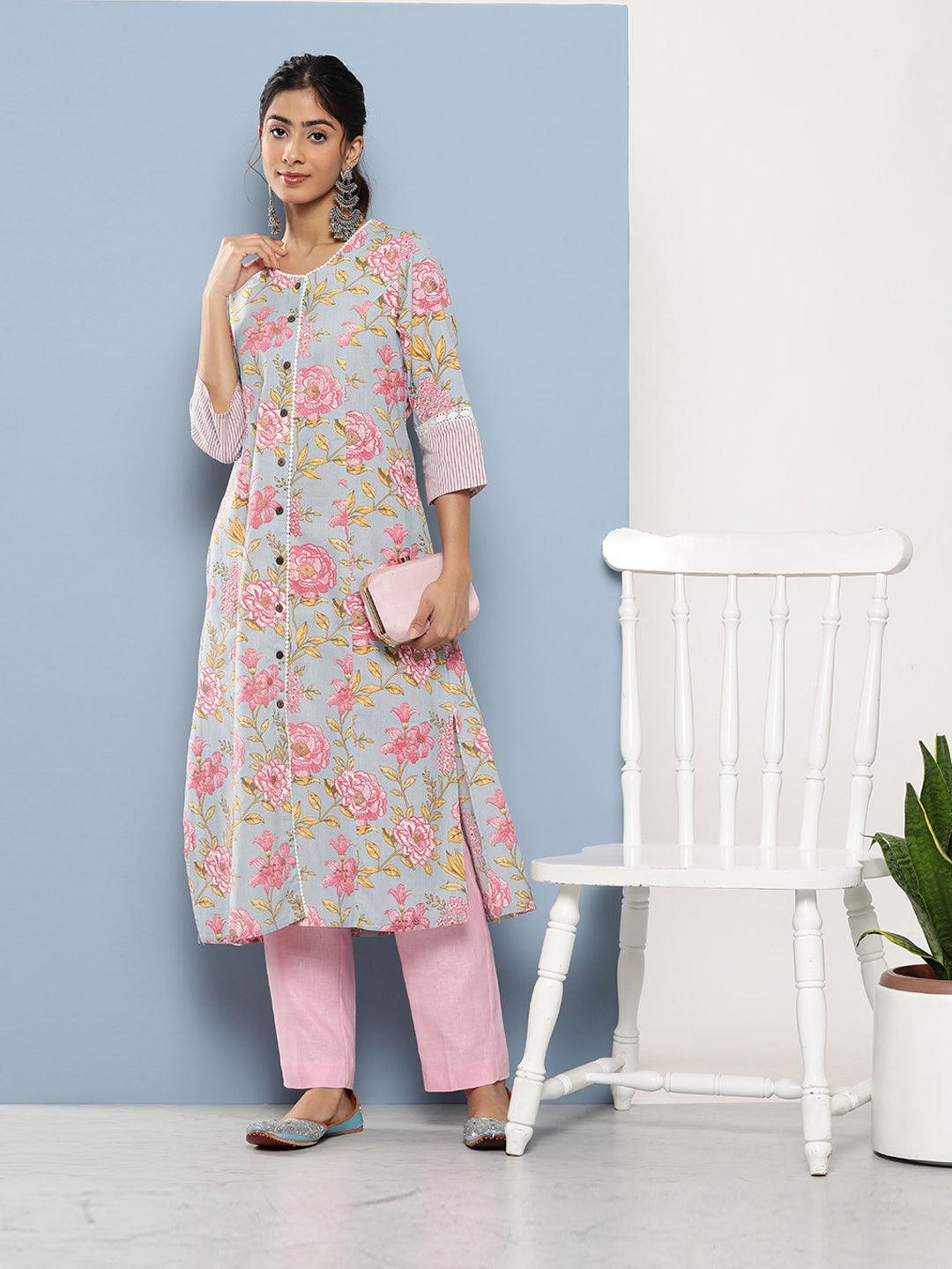 Divena Sky Blue Floral Cotton Flex A-line Kurta - divena world