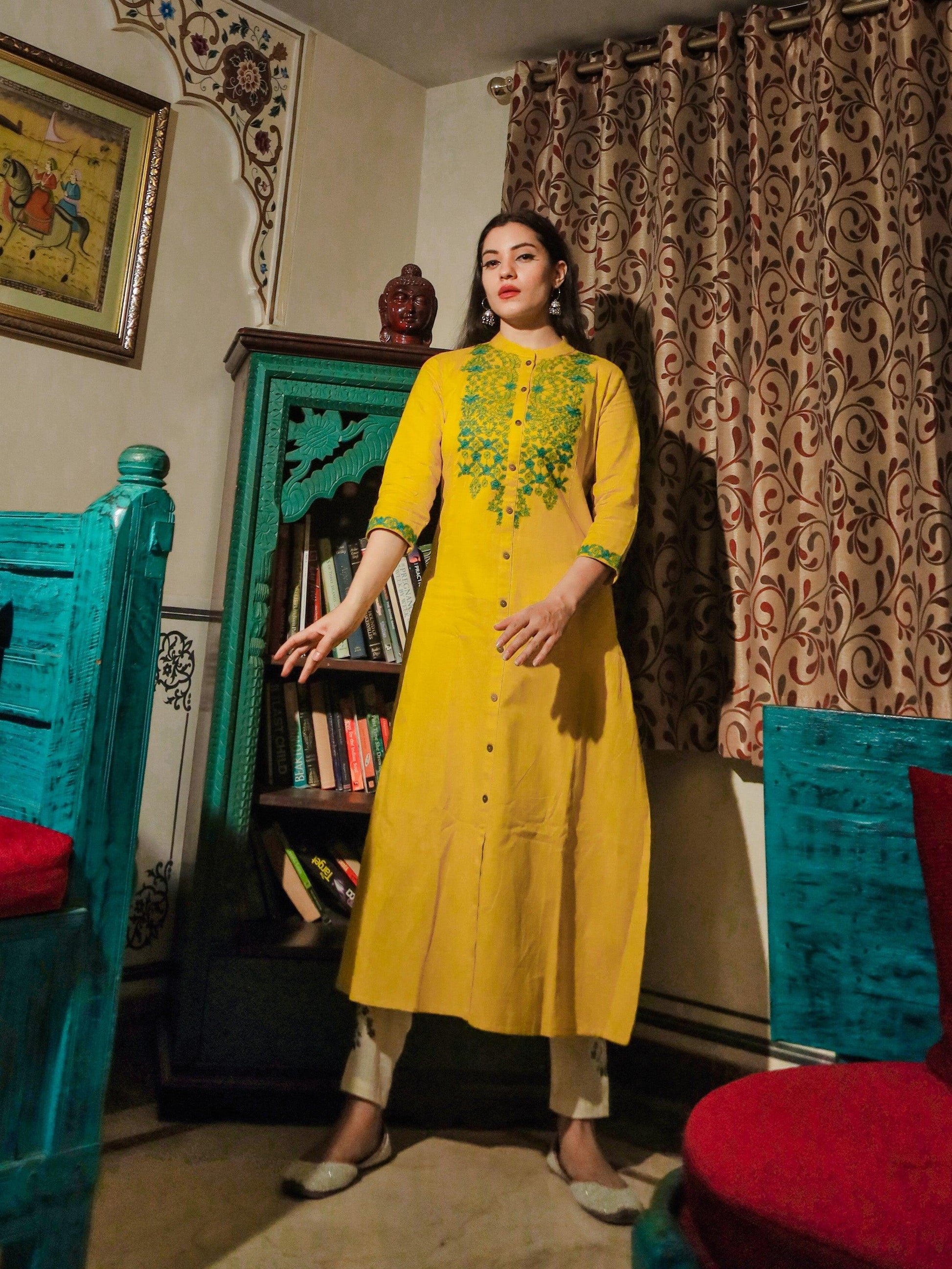 Divena Women's Yellow Regular A-Line Calf Long Kurta - divenaworld.com