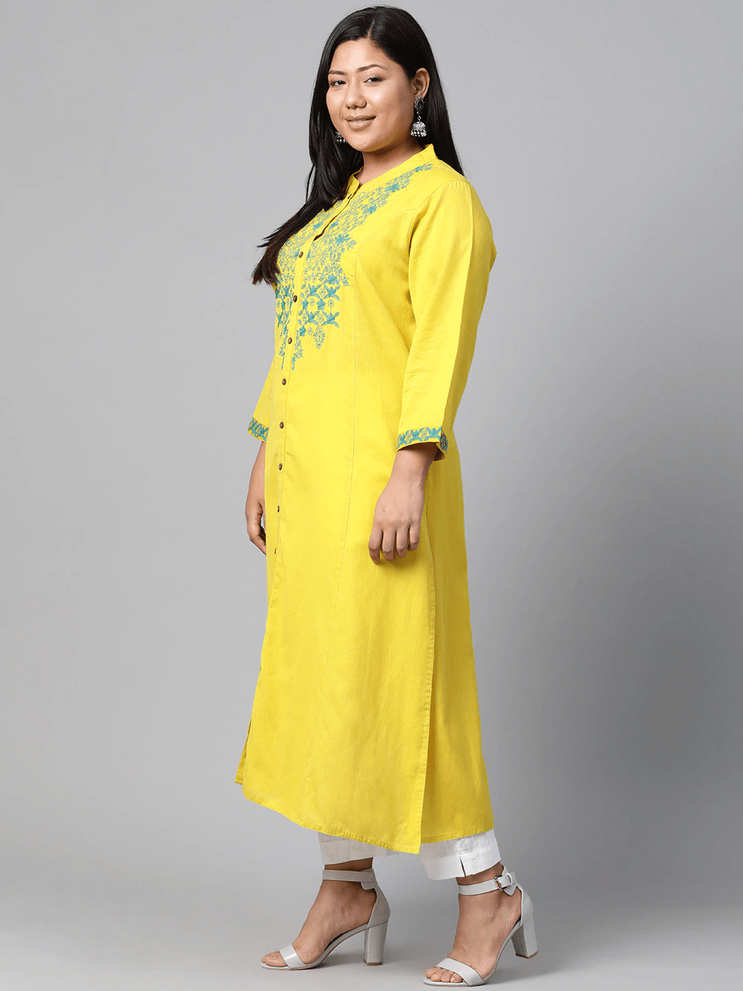 Plus Size Women's Yellow Regular A-Line Calf Long Kurta - divena world