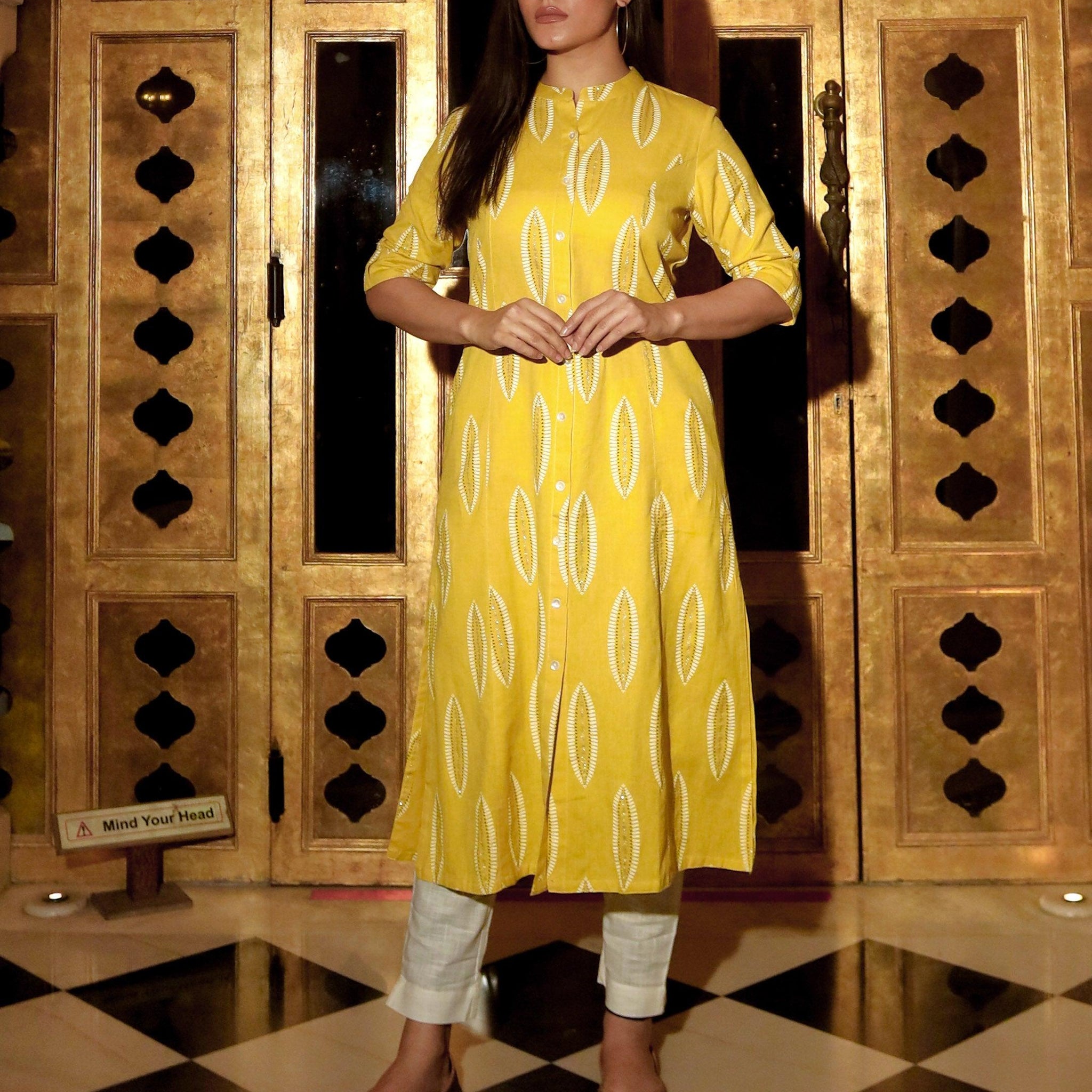 Divena Yellow Cotton A Line Kurti - divenaworld.com