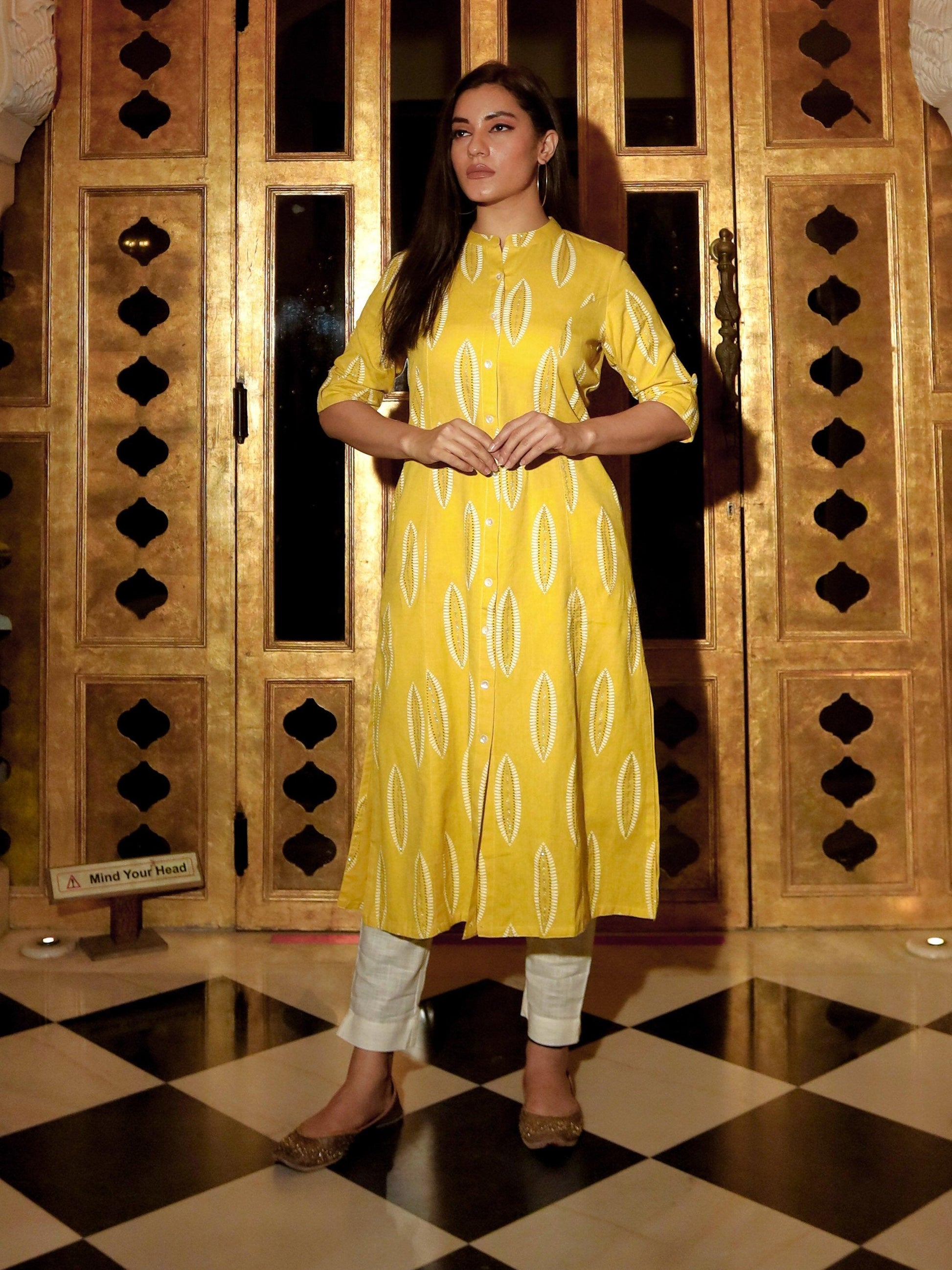 Divena Yellow Cotton A Line Kurti - divenaworld.com