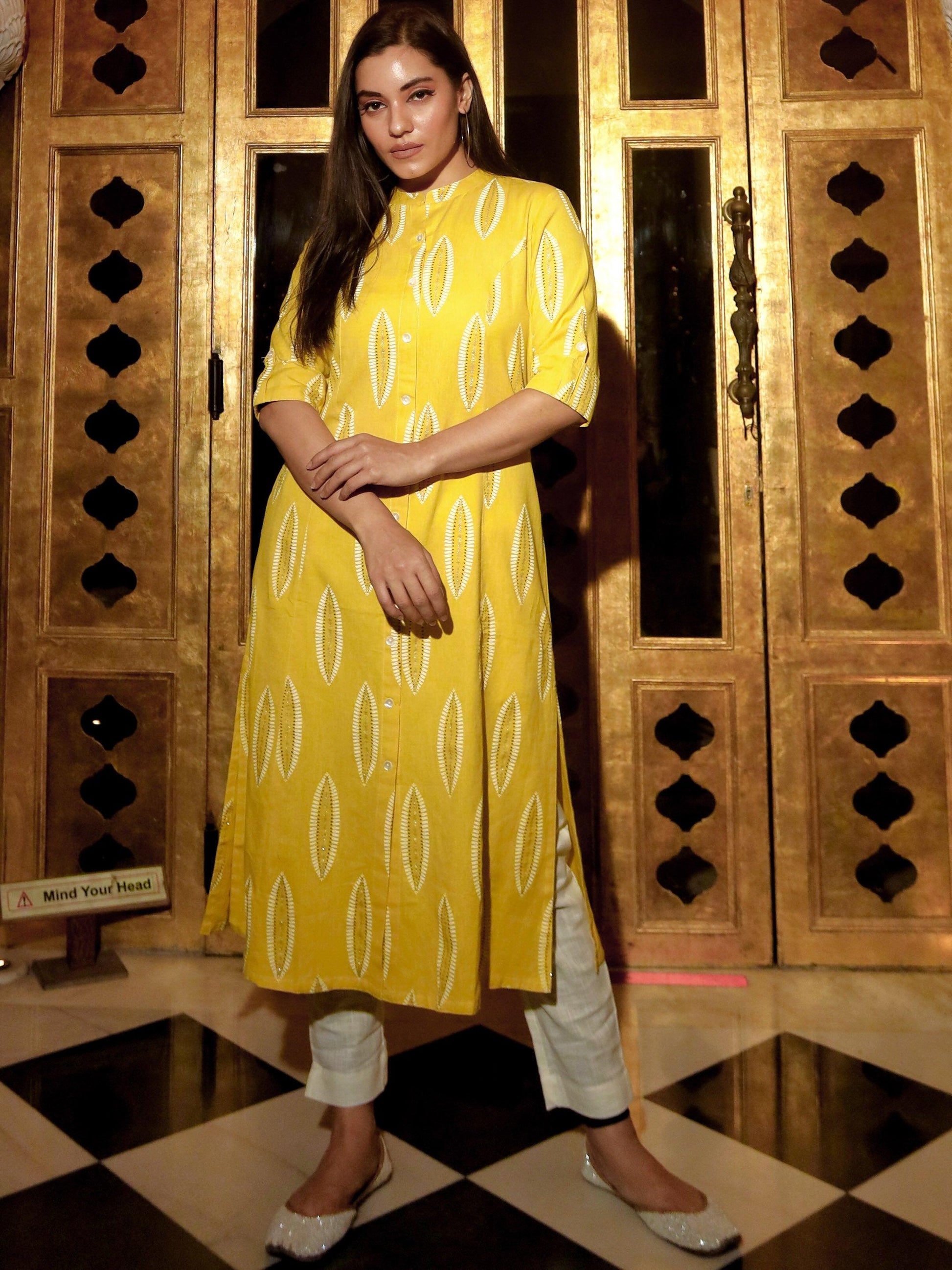 Divena Yellow Cotton A Line Kurti - divenaworld.com