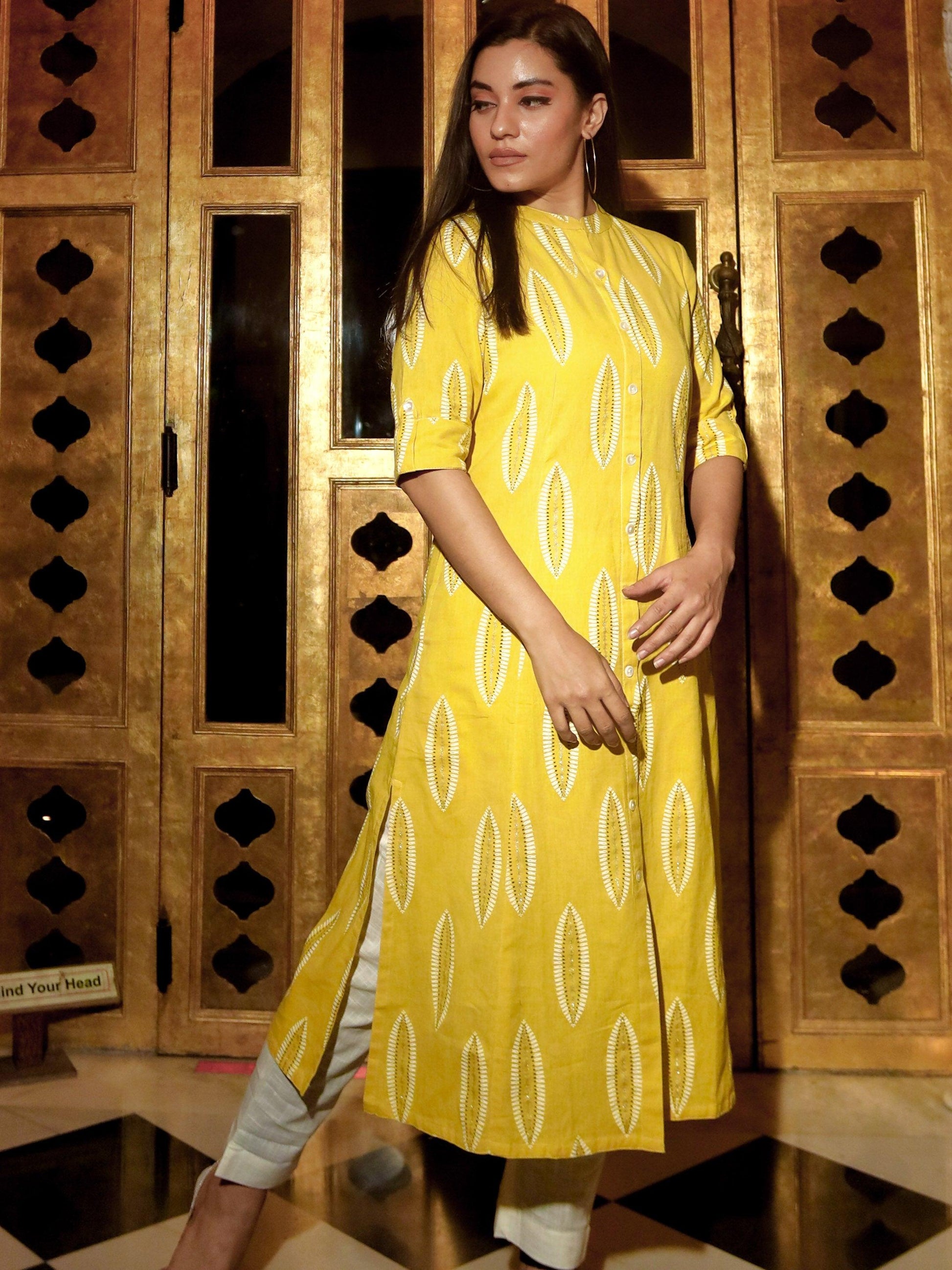 Divena Yellow Cotton A Line Kurti - divenaworld.com