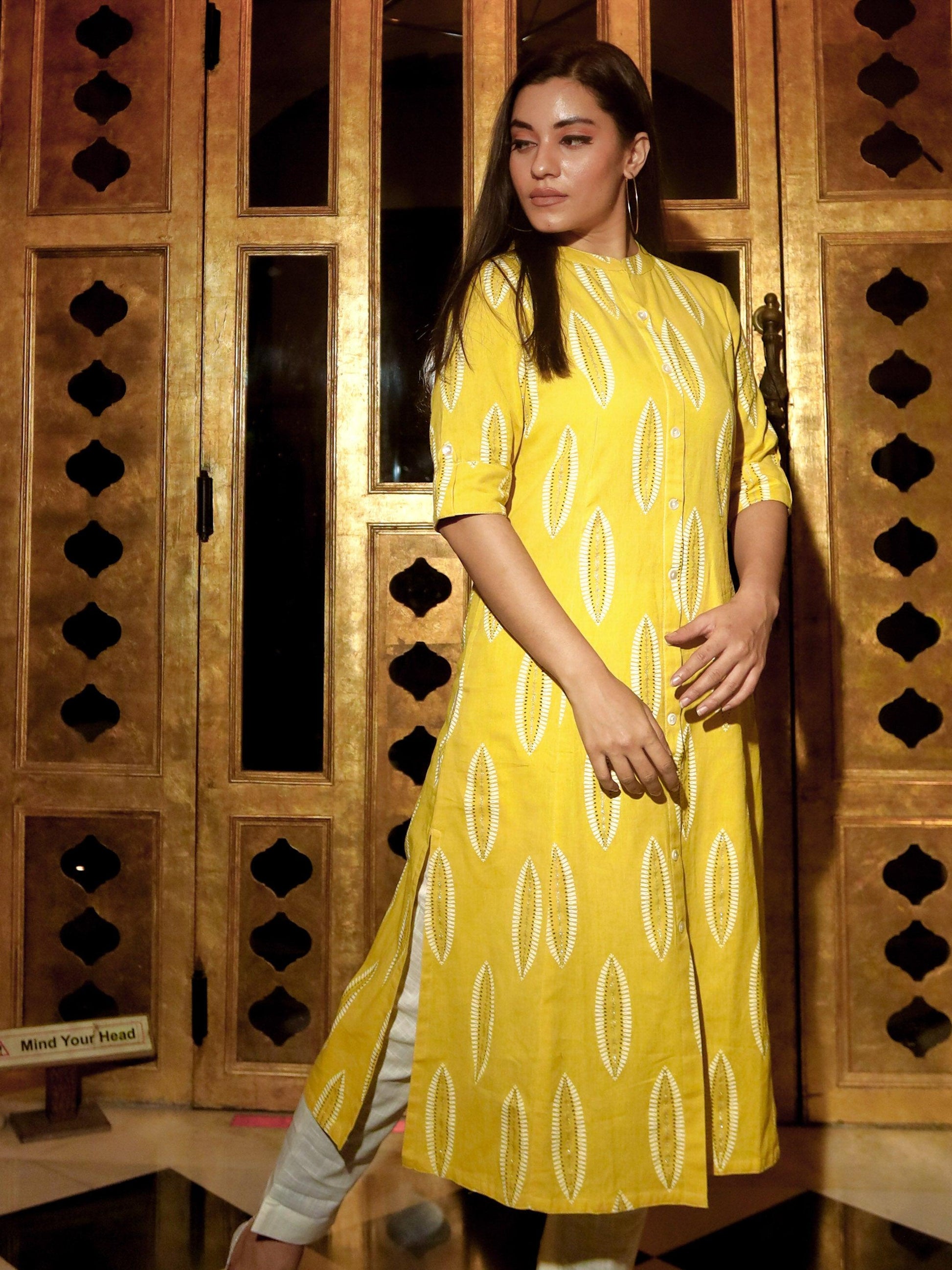 Divena Yellow Cotton A Line Kurti - divenaworld.com