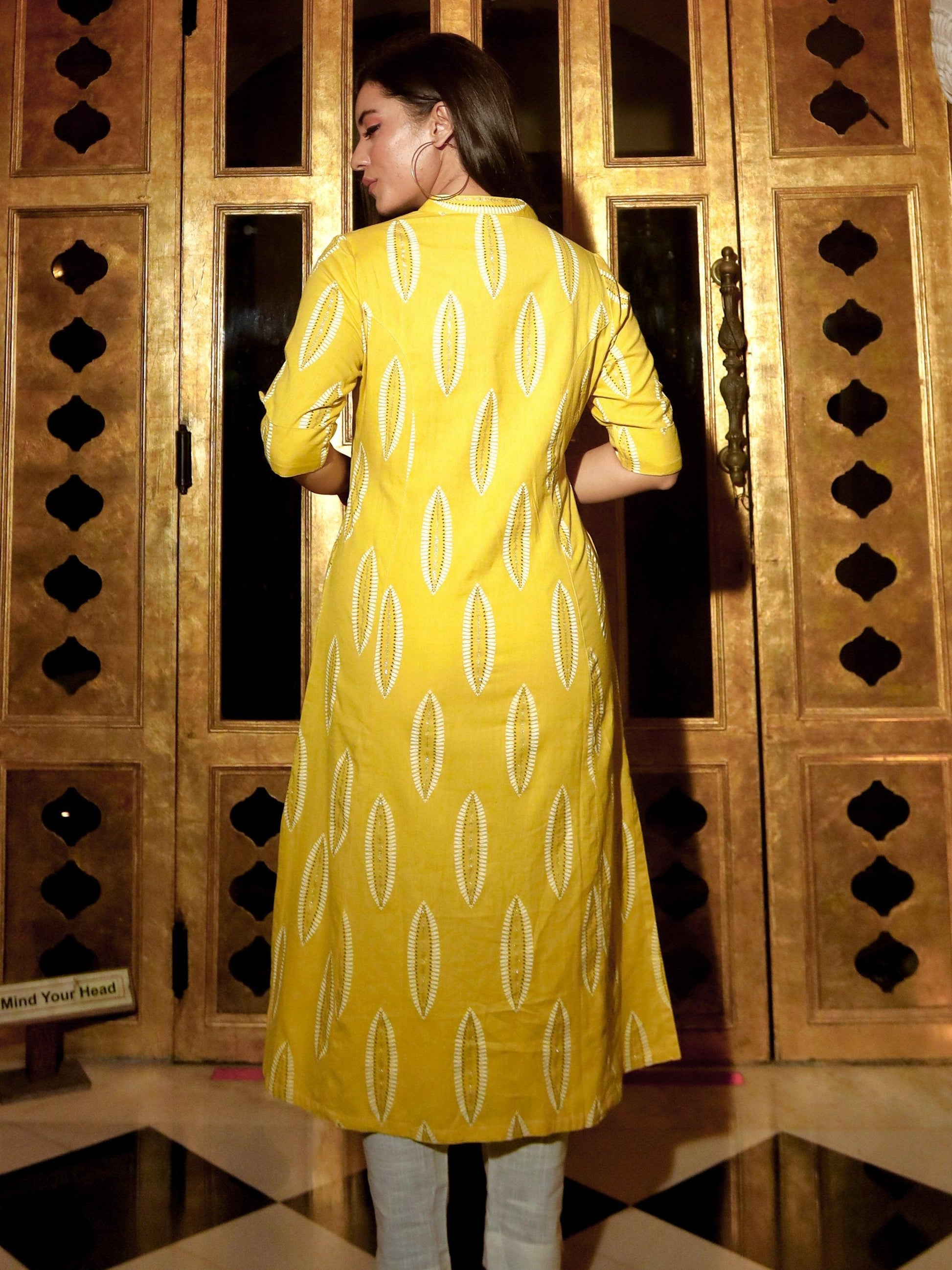 Divena Yellow Cotton A Line Kurti - divenaworld.com