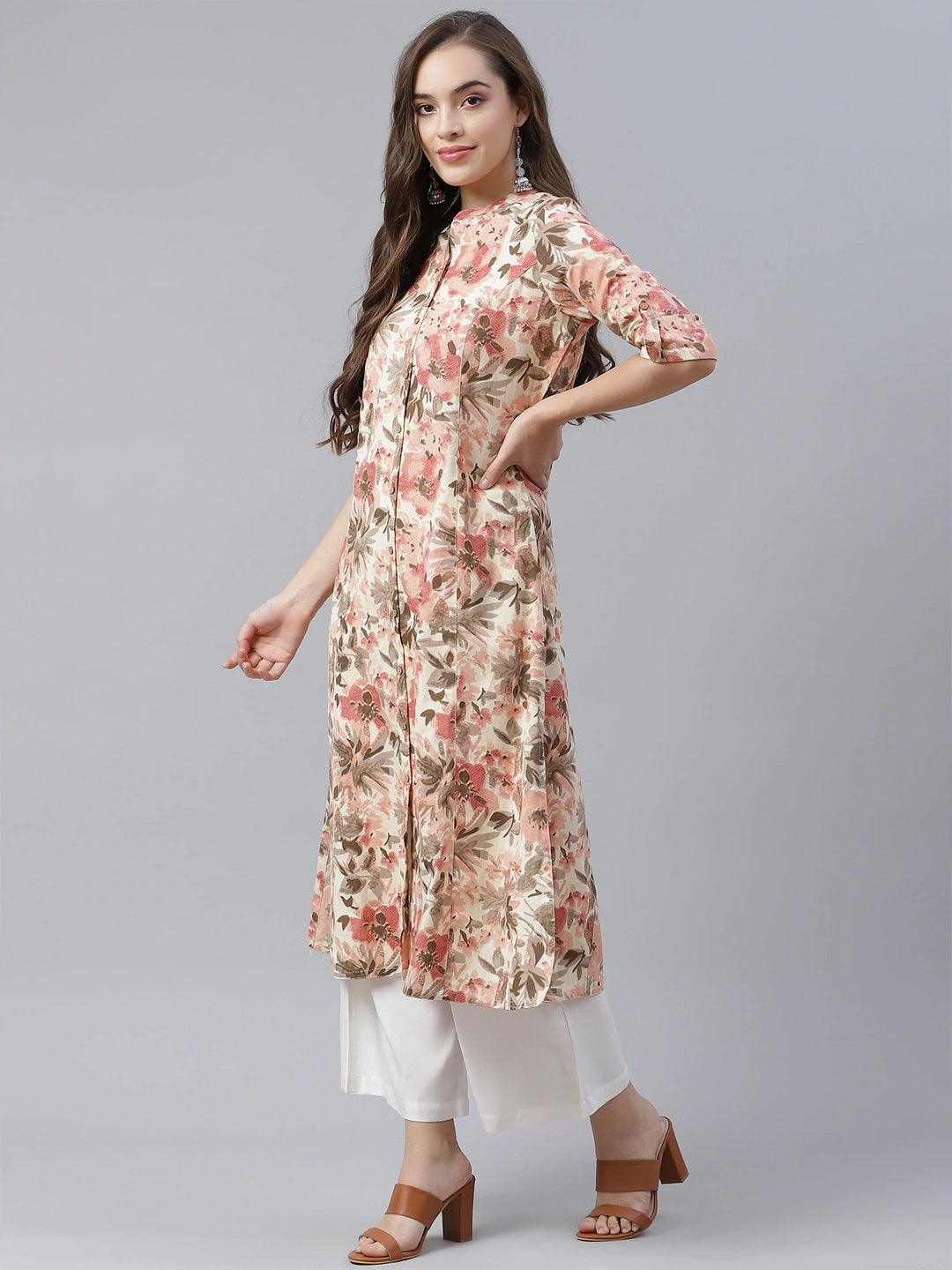 Divena Cream Cotton Floral Print Kurta - divena world