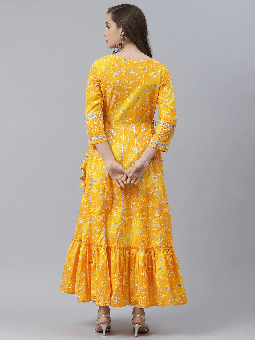 Divena Yellow Cotton Flared Gota Work Bandhani Kurta - divena world