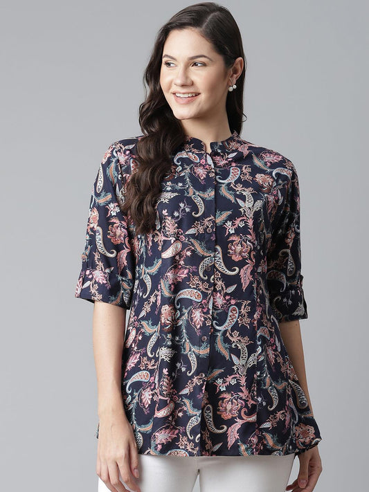 Divena Blue Printed Rayon Shirt Style A-Line Top