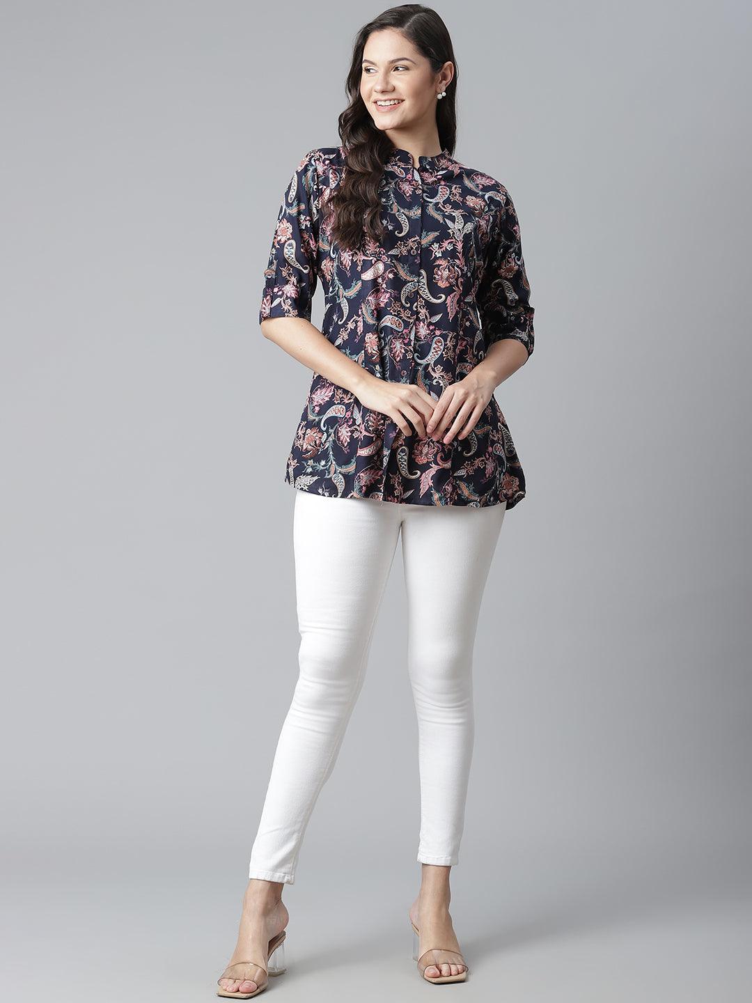 Divena Blue Printed Rayon Shirt Style A-Line Top - divena world