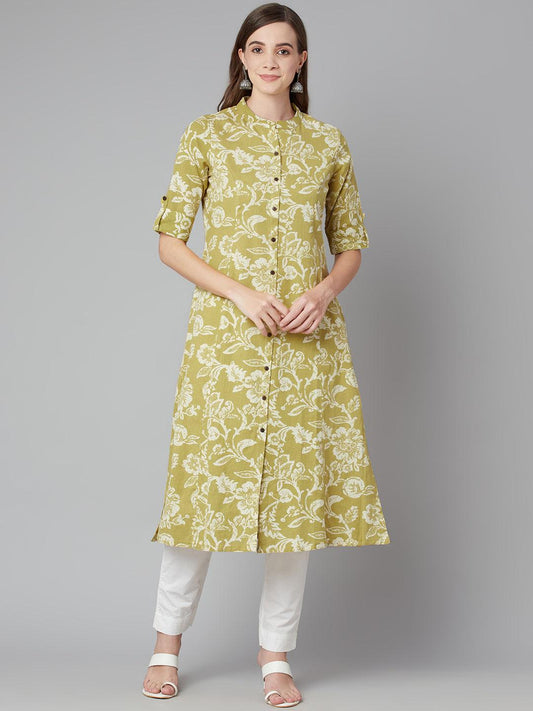 Divena Pastel Green Cotton Flex A-line Kurta - divena world
