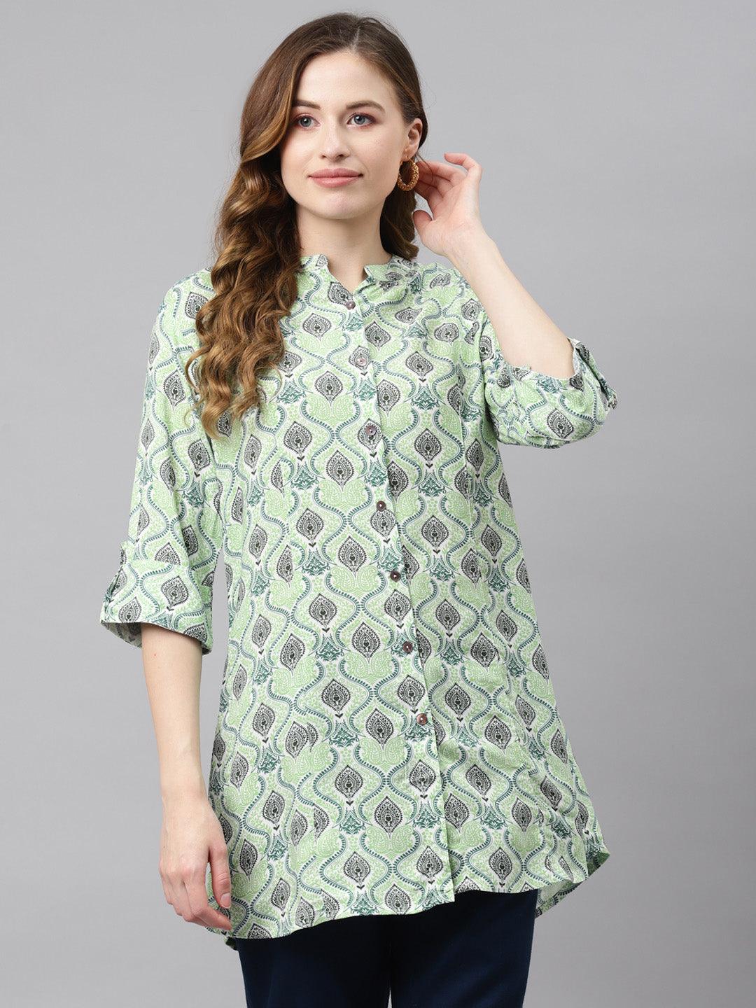 Divena Light Green Floral Rayon Shirt Style A-line Top - divena world