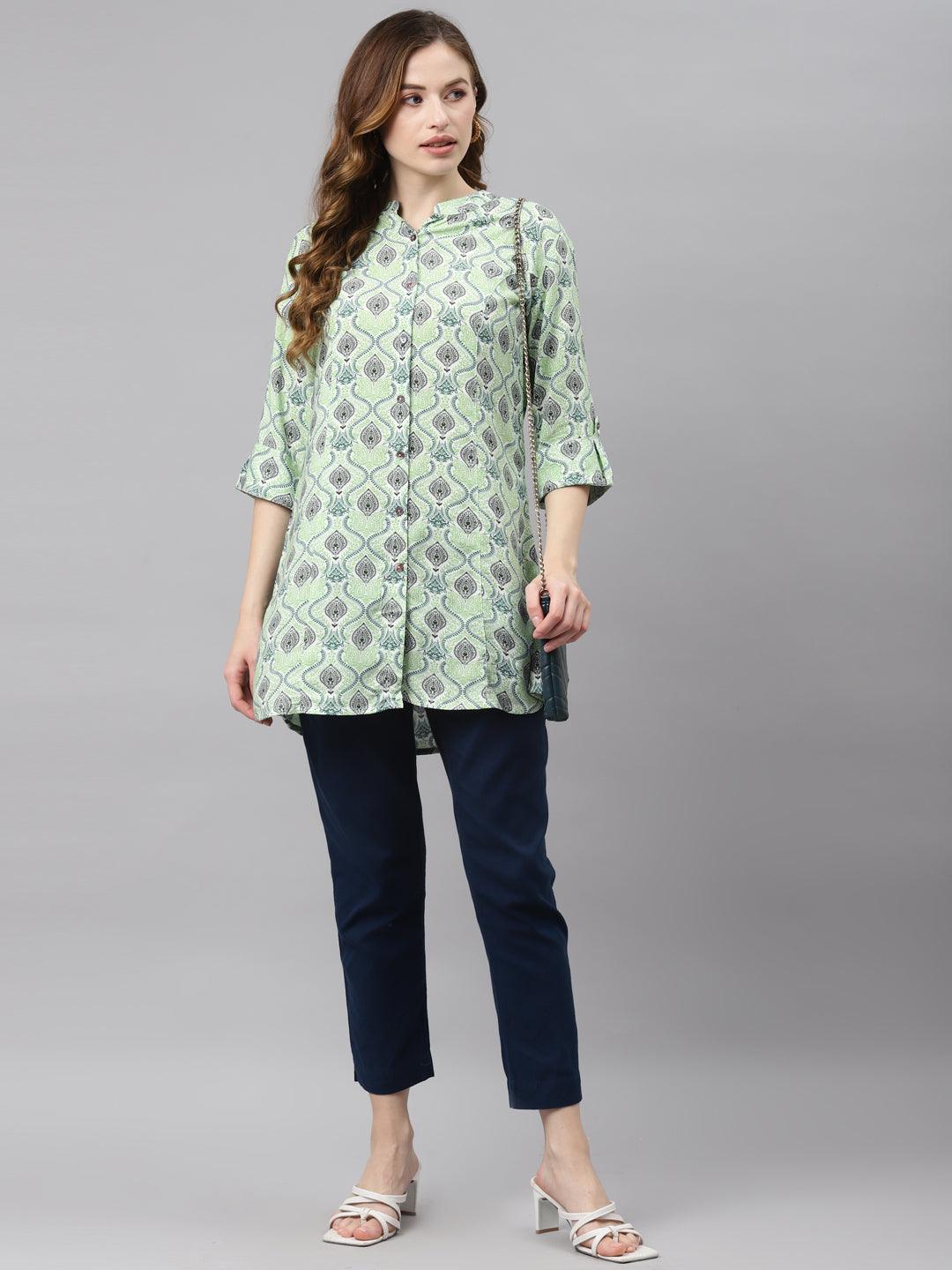 Divena Light Green Floral Rayon Shirt Style A-line Top - divena world
