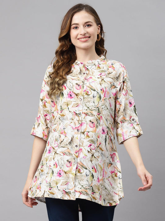 Divena Multi Floral Rayon Shirt Style A-Line Top