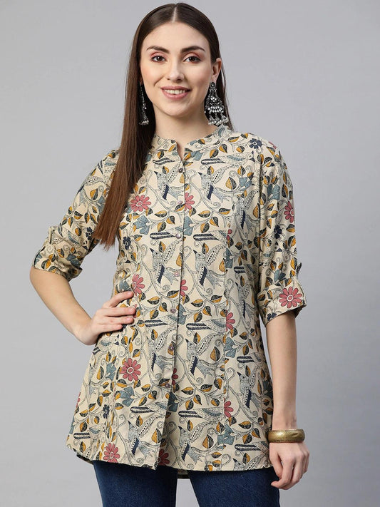 Divena Beige Multi Floral Rayon A-line Shirts Style Top