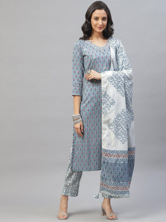 Divena Turquoise Blue Cotton Floral Printed Kurta Pant set with Dupatta - divena world