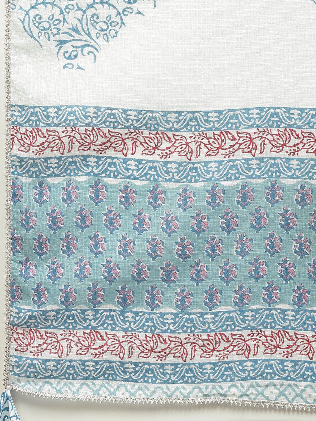 Divena Turquoise Blue Cotton Floral Printed Kurta Pant set with Dupatta - divena world