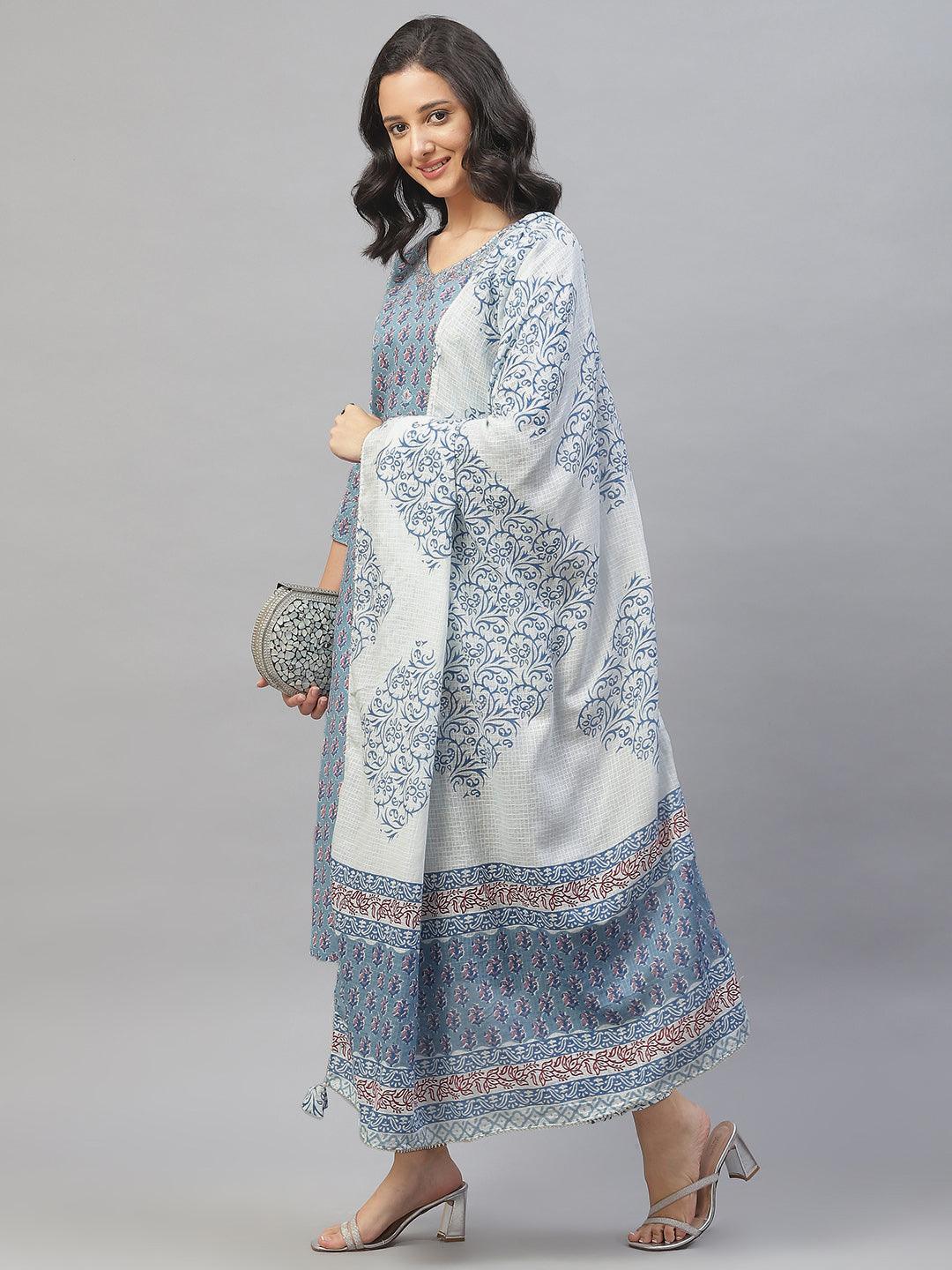Divena Turquoise Blue Cotton Floral Printed Kurta Pant set with Dupatta - divena world