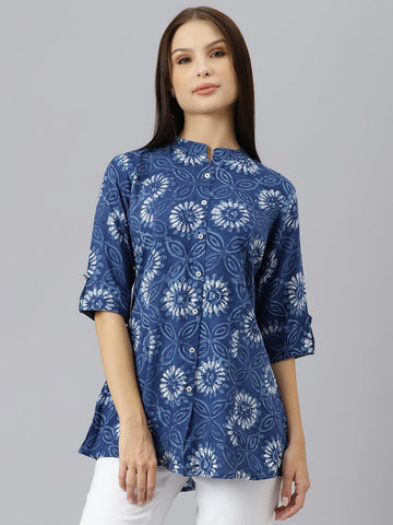 Divena Blue Floral Rayon A-line Shirts Style Top - divenaworld.com