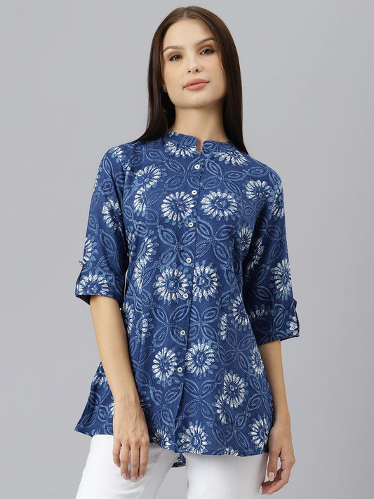 Divena Blue Floral Rayon A-line Shirts Style Top