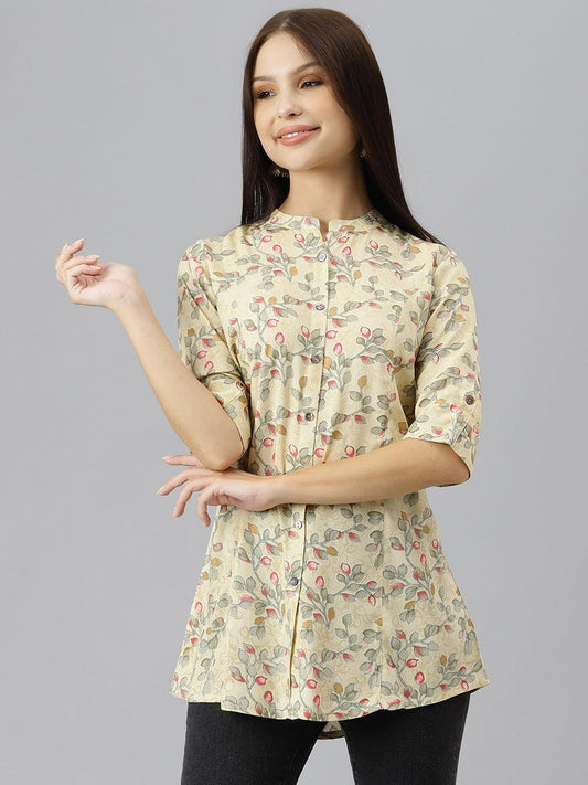 Divena Beige Floral Rayon A-line Shirts Style Top