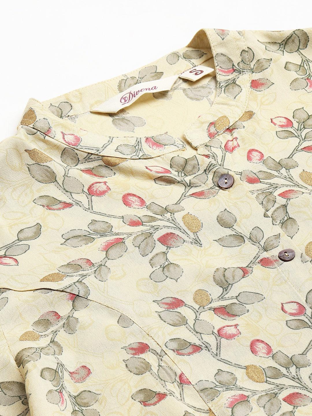 Divena Beige Floral Rayon A-line Shirts Style Top - divenaworld.com