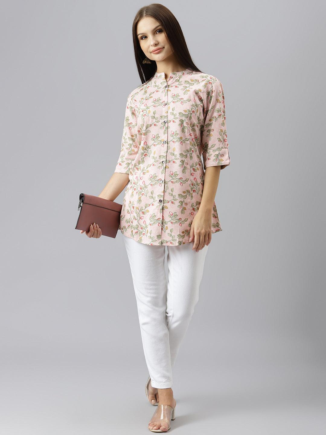 Divena Light Pink Floral Rayon A-line Shirts Style Top - divenaworld.com