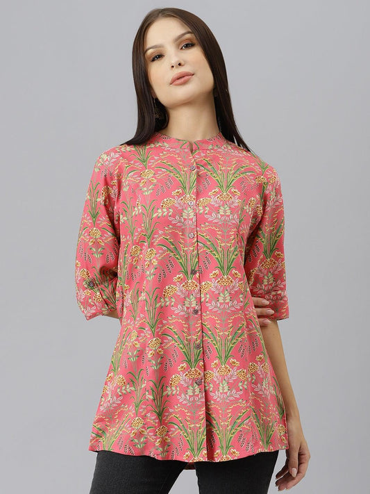 Divena Dark Pink Floral Rayon A-line Shirts Style Top