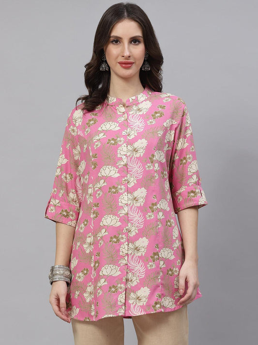 Divena Light Pink Floral Rayon A-line Top